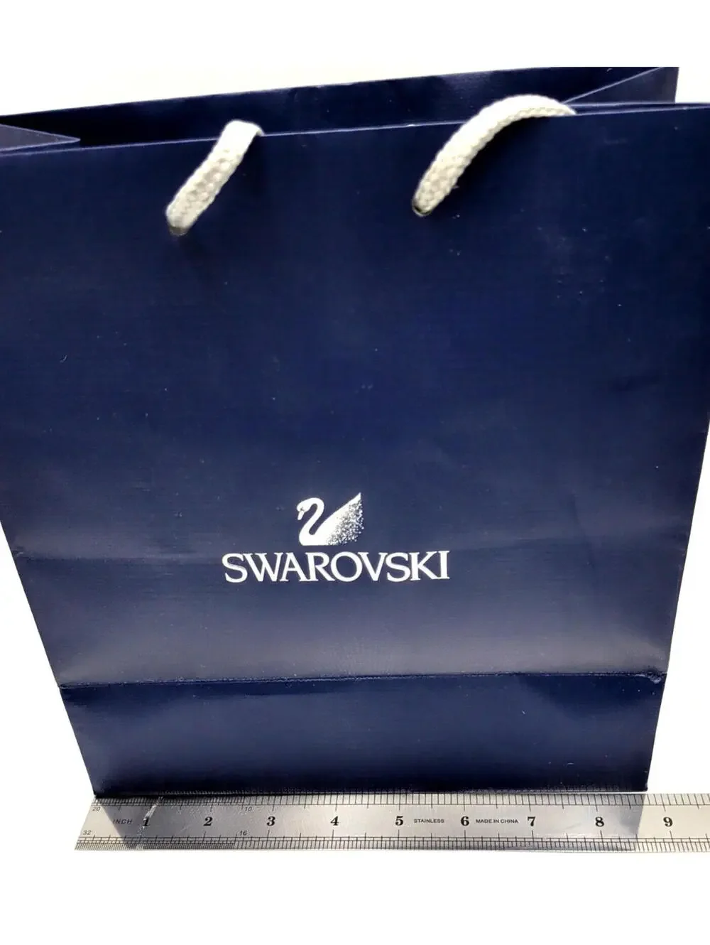 4-Swarovski Blue Paper Gift Shopping Bag Silver Braided Handle 3-9.25